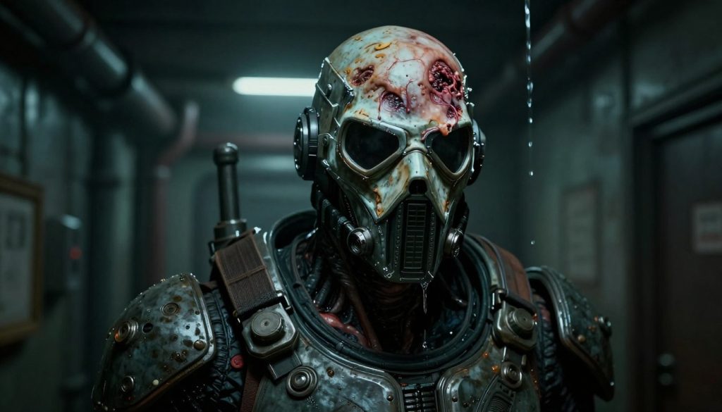 BioShock game review showing a splicer enemy with visible genetic mutations in a dimly lit corridor