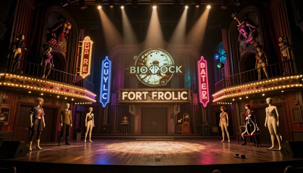 BioShock game review showing the Fort Frolic area with its theatrical lighting and stage decorations