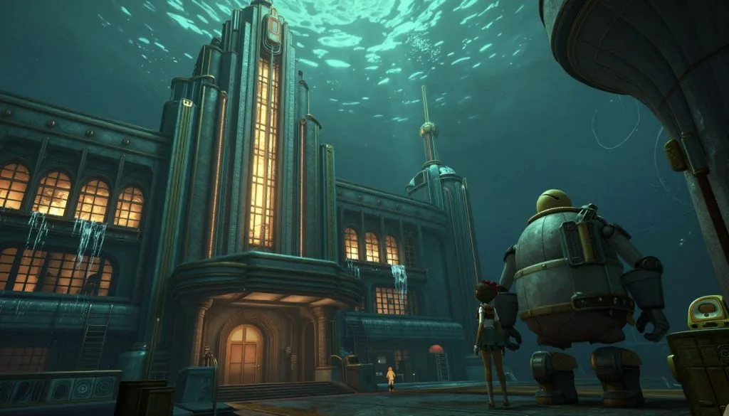 BioShock showing the underwater city of Rapture with a Big Daddy and Little Sister