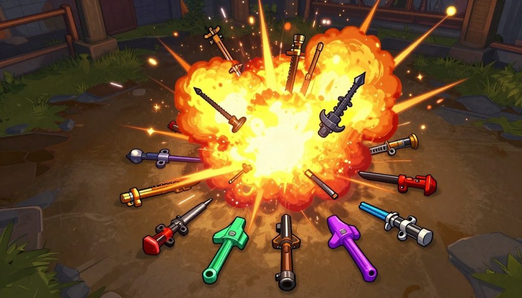Borderlands 2 game review showing a loot explosion with multiple colored weapon drops