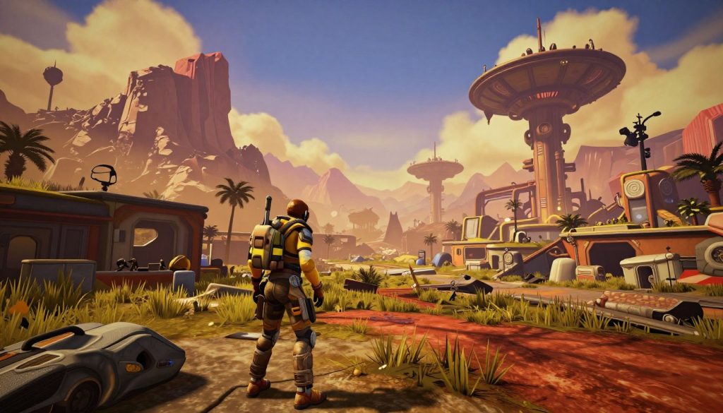Borderlands 2 game review showing the cel-shaded art style in a colorful environment