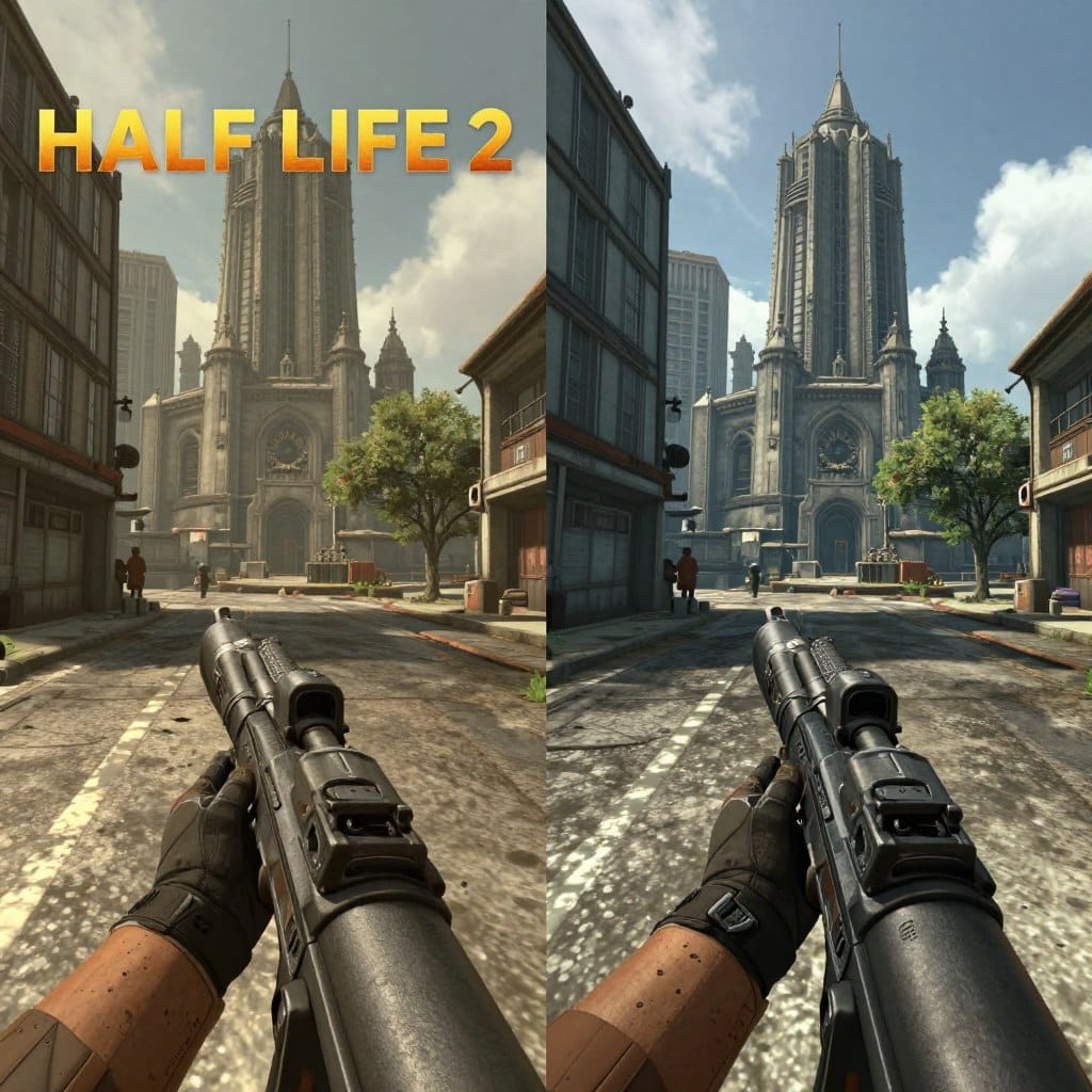 Comparison of Half-Life 2's original graphics versus modern standards for this review