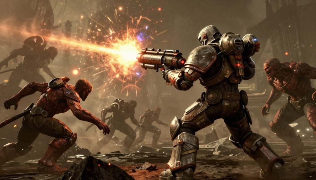 DOOM Eternal combat showing the Doom Slayer using the Super Shotgun against multiple demons