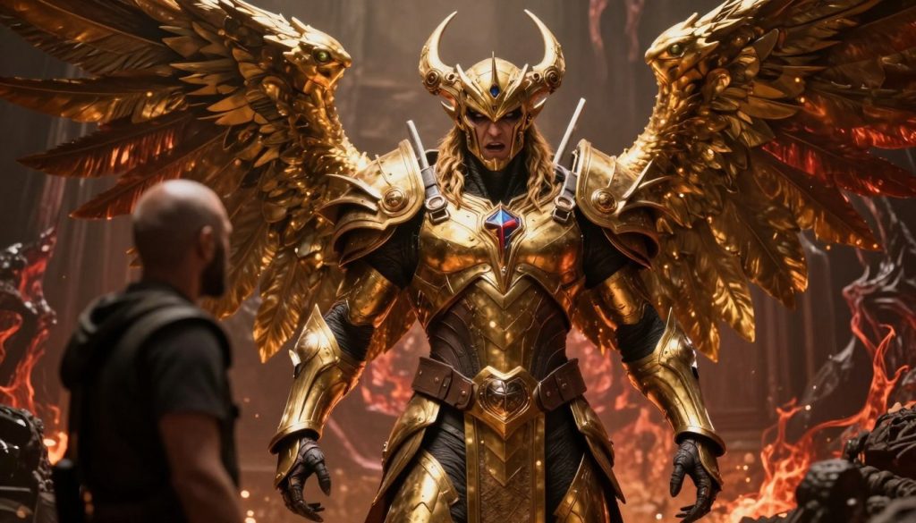 DOOM Eternal cutscene showing the Khan Maykr antagonist