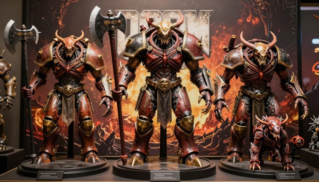 DOOM Eternal demon showcase featuring multiple enemy types including the Marauder