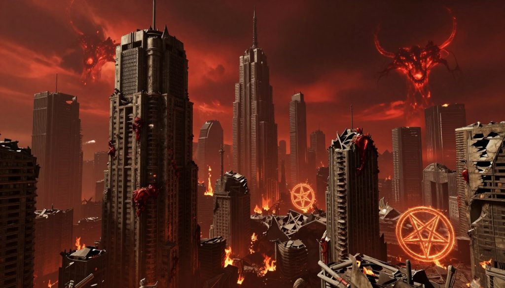 DOOM Eternal environment showing a destroyed Earth cityscape with demonic corruption