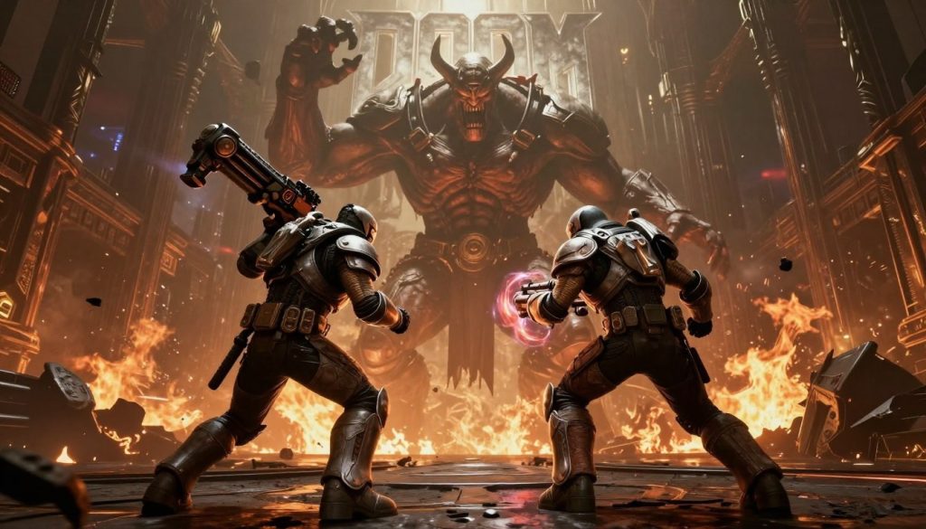 DOOM Eternal final battle scene showing the Doom Slayer facing a massive boss