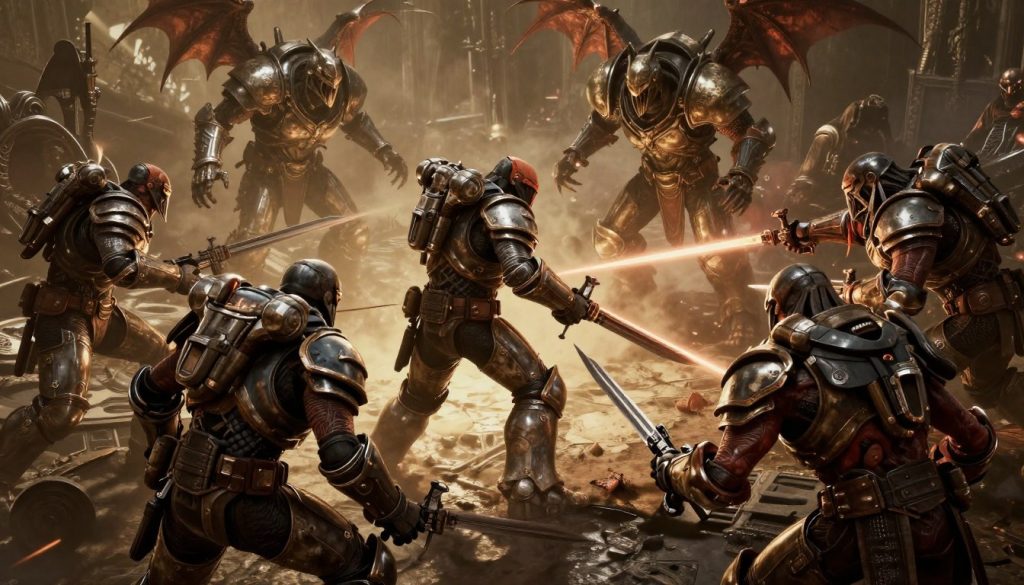 DOOM Eternal intense battle showing multiple demon types attacking simultaneously