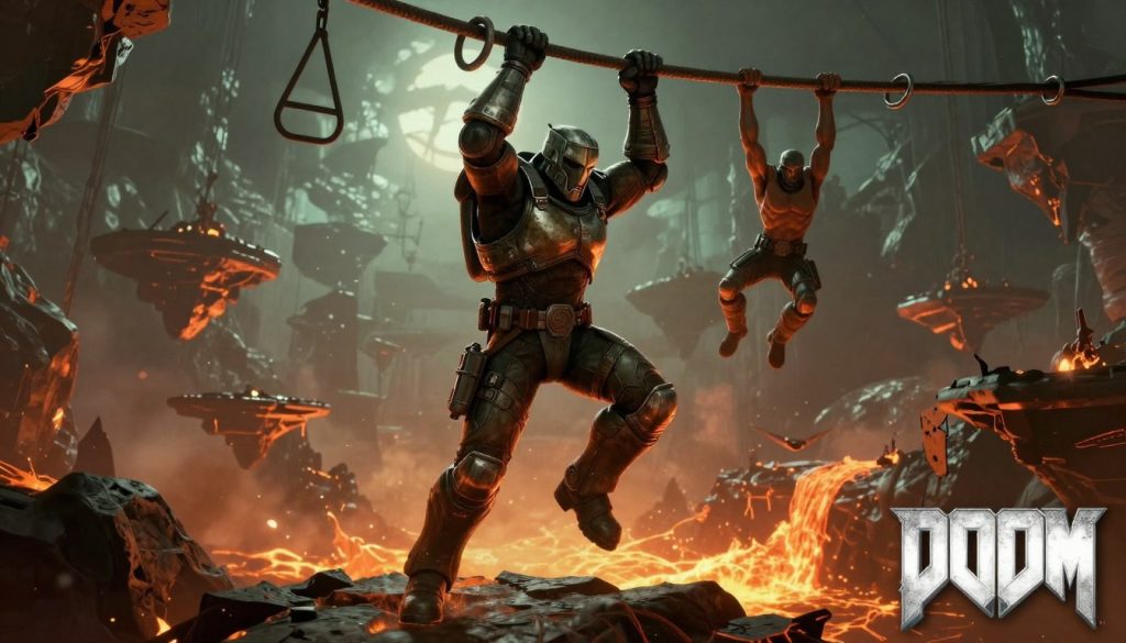DOOM Eternal platforming sequence showing the Doom Slayer using monkey bars and dash abilities