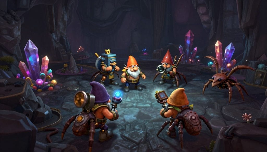 Deep Rock Galactic dwarves mining and fighting aliens in a procedurally generated cave