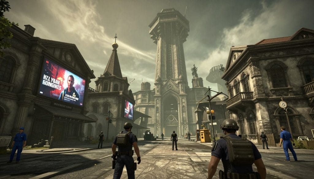 Dystopian cityscape of City 17 with the imposing Citadel tower in the background for our Half-Life 2 review