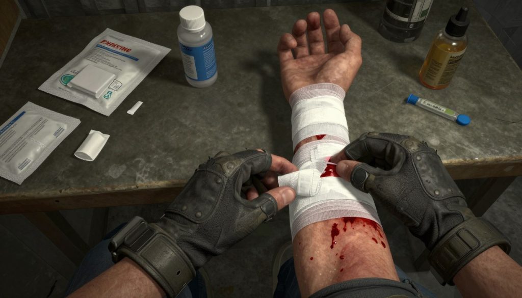 Escape from Tarkov game review showing a player character healing injuries with medical items