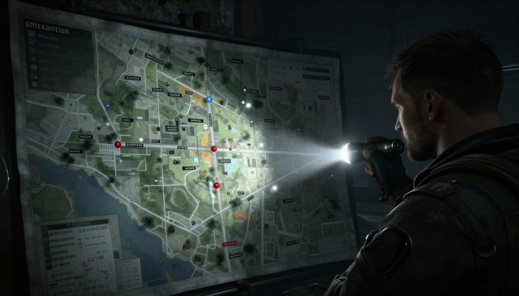 Escape from Tarkov game review showing a player examining a map to navigate the complex environment
