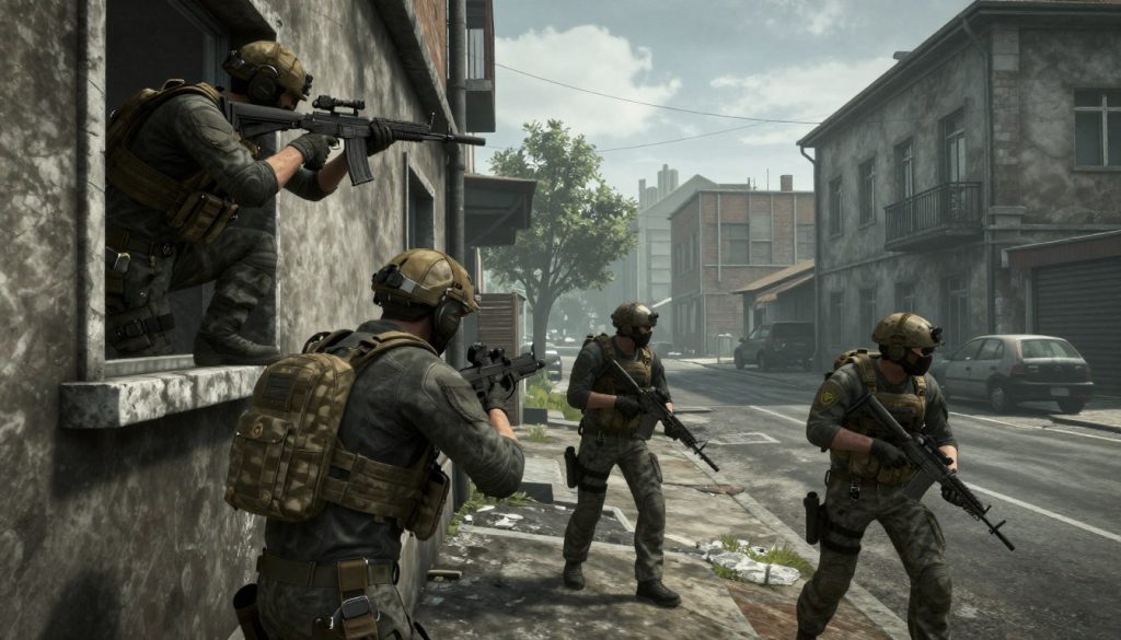 Escape from Tarkov game review showing a squad of players coordinating in an urban environment