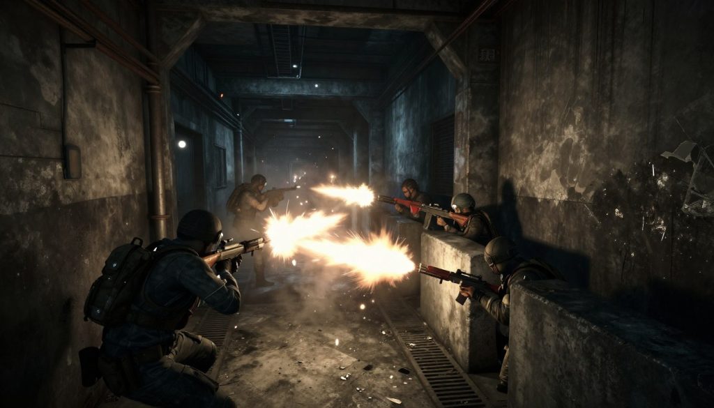 Escape from Tarkov game review showing a tense firefight in a dark corridor
