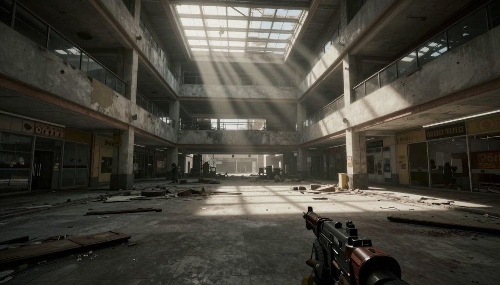 Escape from Tarkov game review showing the atmospheric abandoned mall environment of Interchange map