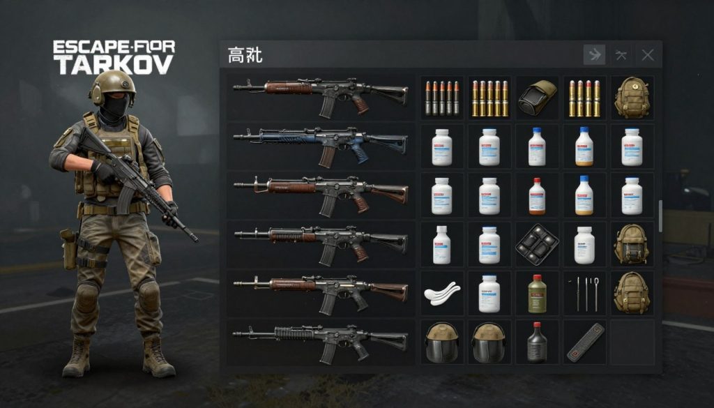 Escape from Tarkov game review showing the detailed inventory management system with weapons and gear