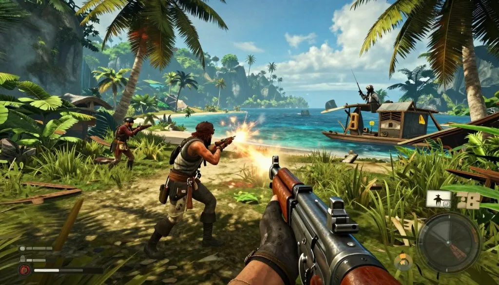 Far Cry 3 showing tropical open world with Vaas and first-person combat