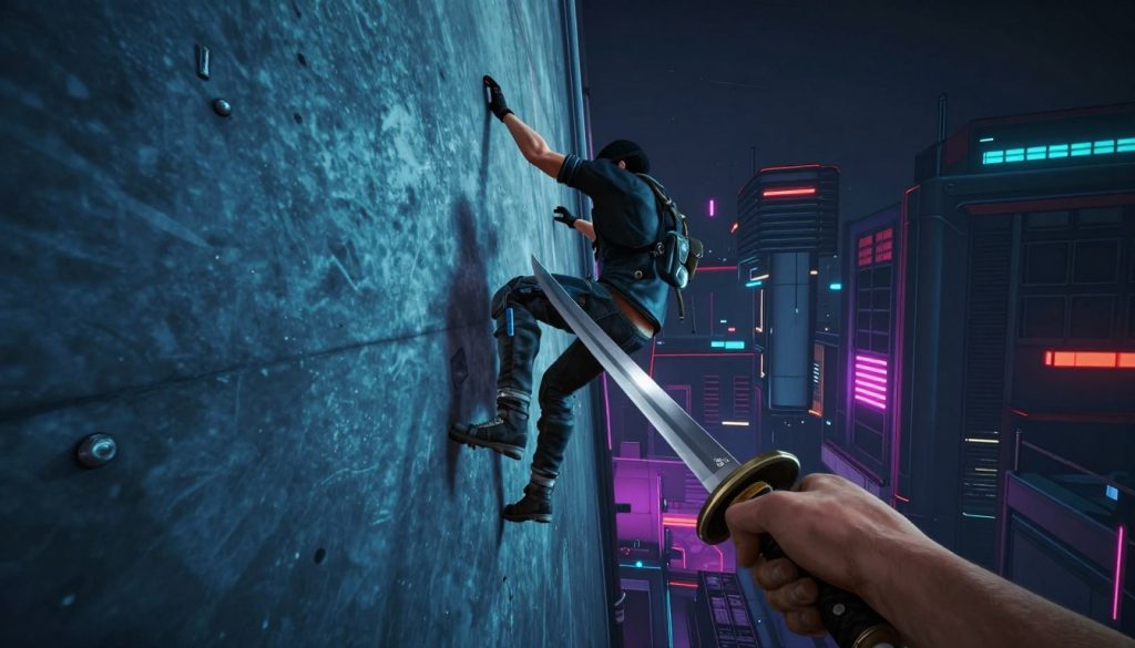 Ghostrunner gameplay showing wall-running and sword combat