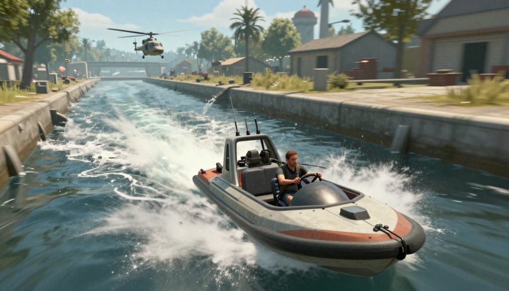 Gordon Freeman driving the airboat through the canals in Half-Life 2