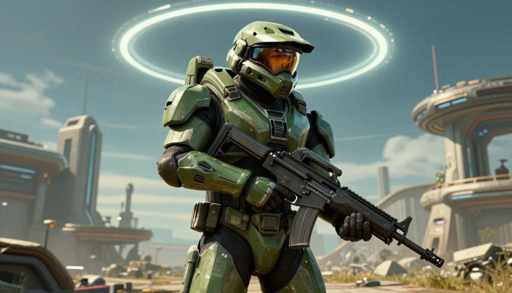 Halo: Combat Evolved showing Master Chief with an assault rifle on the Halo ring world