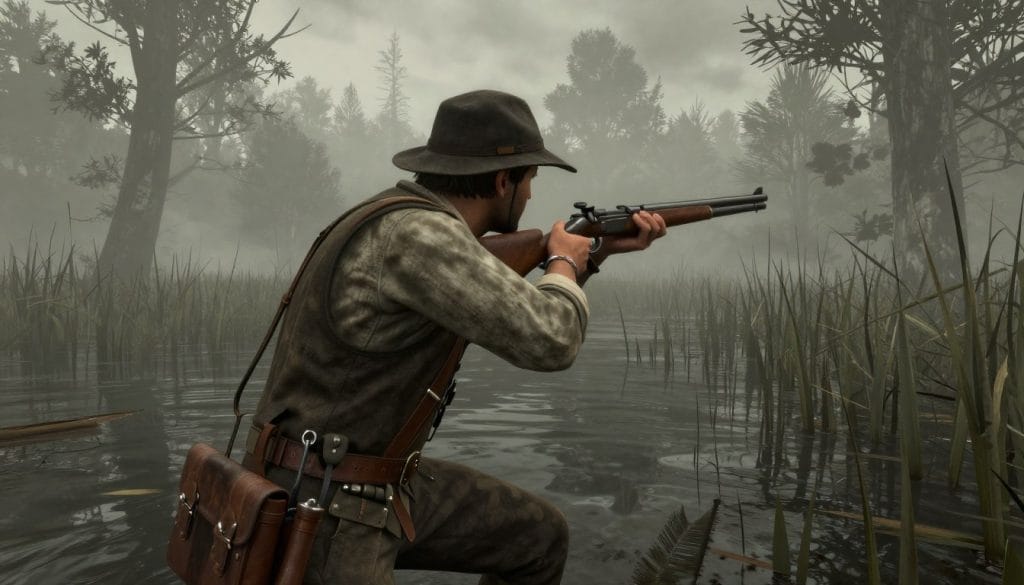Hunt: Showdown 1896 gameplay showing a hunter stalking through a swamp environment