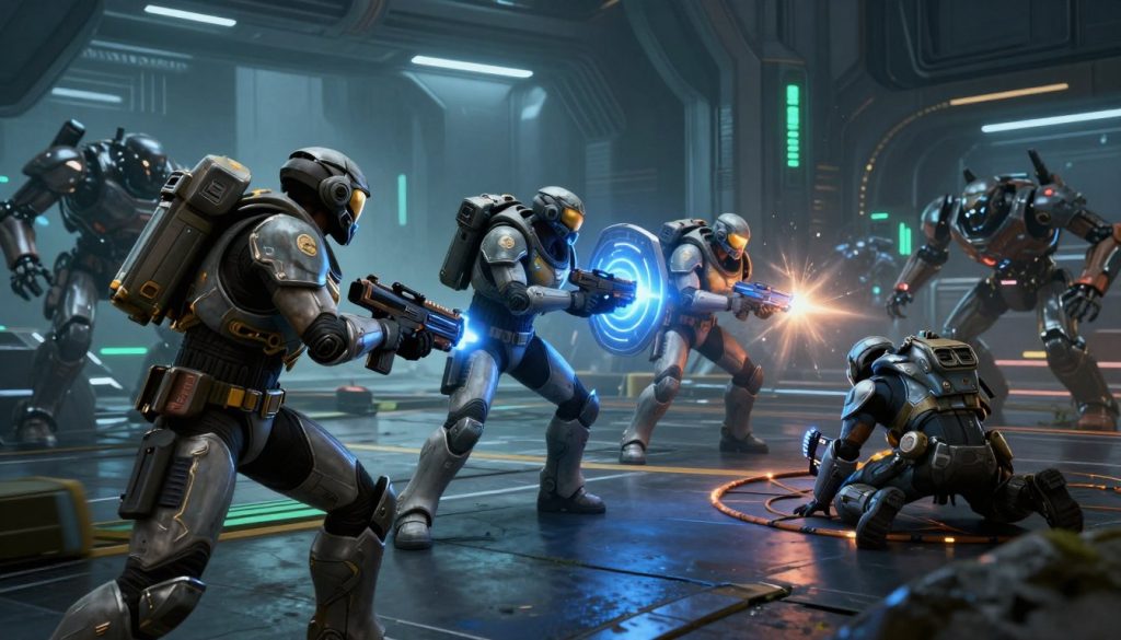 In a futuristic Warframe setting, depict a diverse team of four space warriors in sleek, high-tech armor engaged in a tactical mission during a survival mission. The foreground showcases an intense scene of the characters working together, with a focus on their coordinated actions—one warrior wielding a powerful weapon, another activating a defensive shield, a third healing a teammate, and the fourth laying traps. In the middle ground, display hordes of aggressive robotic enemies and environmental hazards, hinting at the challenges faced during grinding. The background features a dark, atmospheric spaceship interior illuminated by blue and green ambient lights, creating a sense of urgency. Use a dynamic camera angle to enhance the action, with a slightly blurred motion effect on the enemies for a dramatic touch, evoking a mood of teamwork, strategy, and intensity in the grind for rewards.