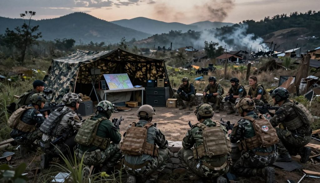 Irregular militia forces in an unconventional warfare setting, depicted in a dense, rugged terrain. In the foreground, a diverse group of militia members in tactical gear, some wearing makeshift camouflage, crouch and strategize behind a low wall. In the middle ground, a makeshift command center with maps and communication equipment set up under a camouflaged tarp. The background showcases a war-torn landscape, with distant mountains and smoke rising from a nearby conflict zone. The lighting is moody and dramatic, casting long shadows during twilight, giving an atmosphere of tension and urgency. The scene is framed with a wide-angle lens to capture the scale of the environment.