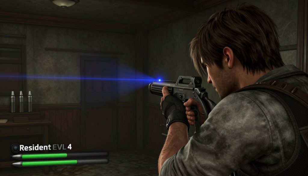 Leon aiming at a critical weak point on an enemy in Resident Evil 4