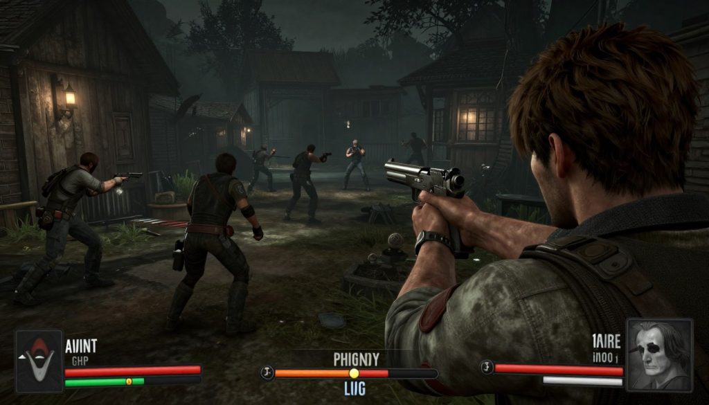 Leon aiming his weapon at multiple enemies in Resident Evil 4, showcasing the over-the-shoulder perspective