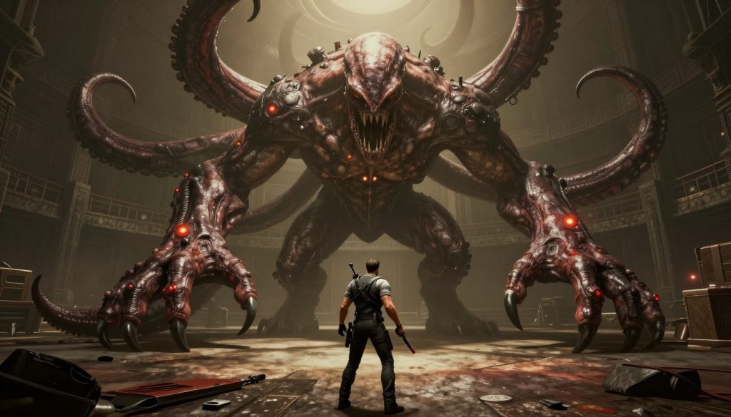 Leon facing a massive boss monster in Resident Evil 4, showcasing the game's epic scale