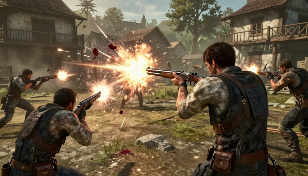 Leon using a shotgun against multiple Ganados in Resident Evil 4