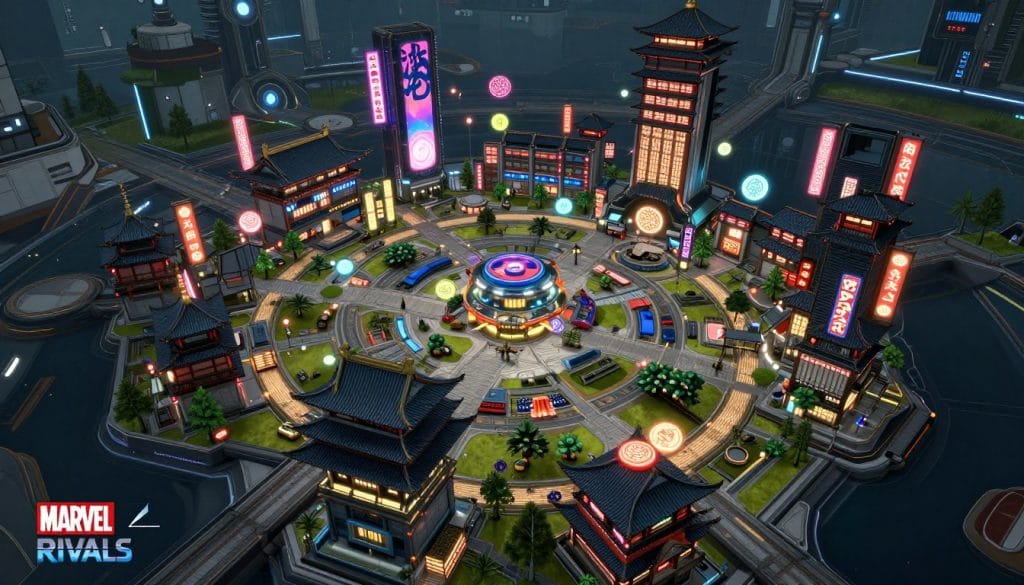 Marvel Rivals Tokyo 2099 map showing futuristic Japanese-inspired architecture