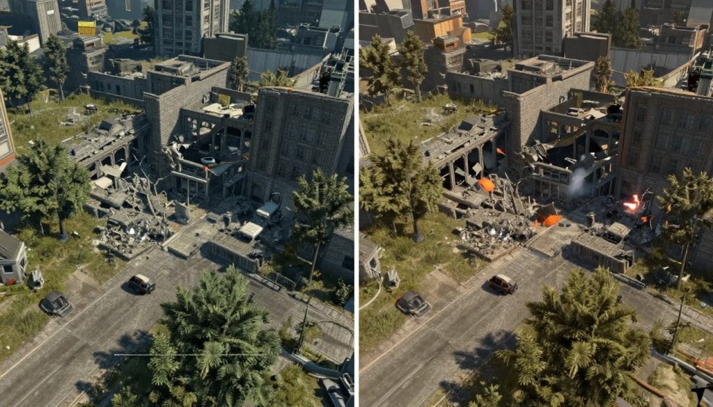 Marvel Rivals destructible environment showing before and after combat damage