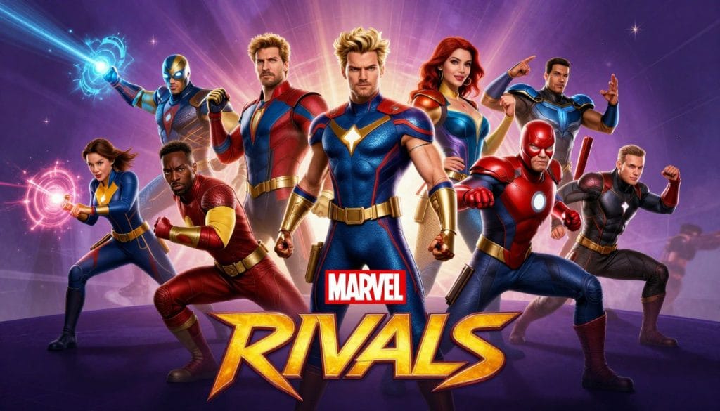 Marvel Rivals promotional image showing multiple heroes in action poses