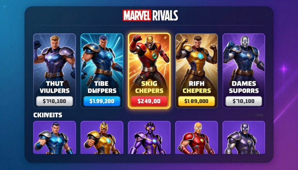 Marvel Rivals store interface showing character skins and cosmetics