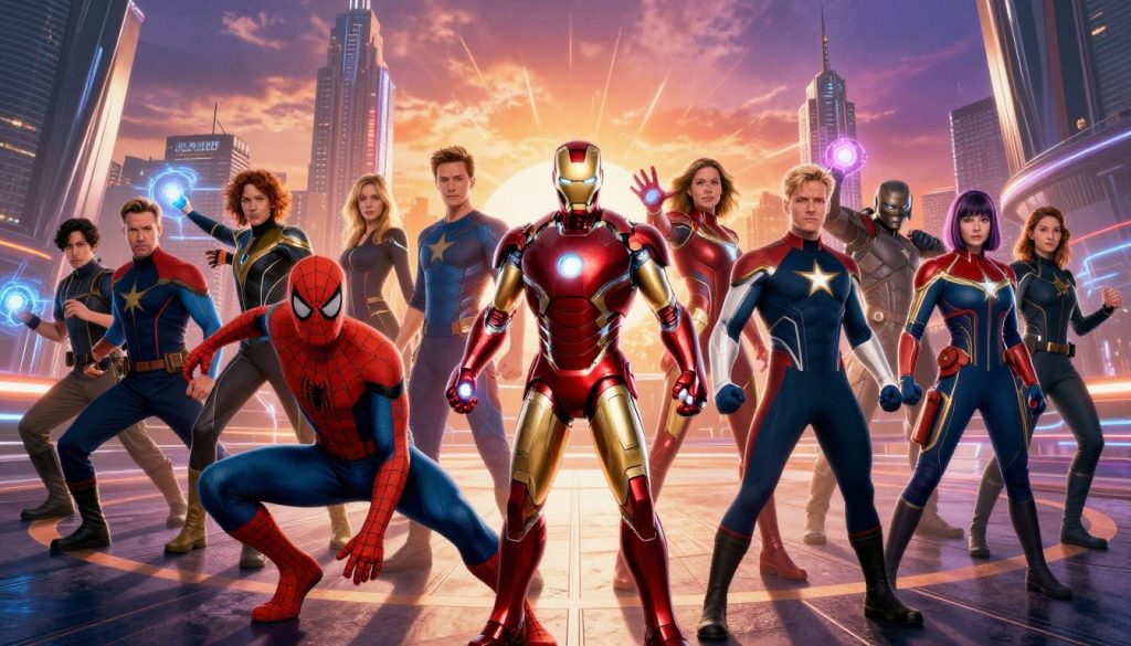 Marvel superheroes gathered in a dynamic circle, showcasing their unique powers in an intense, competitive atmosphere. In the foreground, a diverse lineup of top characters like Spider-Man, Iron Man, and Captain Marvel stand in heroic poses, their costumes vibrant and reflecting the latest designs from the 2026 patches. The middle ground features energy lines and visual effects illustrating recent power updates, like glowing enhancements and dynamic action poses. In the background, a futuristic cityscape with towering skyscrapers and a dramatic sunset casts warm orange and purple hues, creating an epic mood. The scene is lit dramatically, simulating studio lighting that highlights each character’s expressions of determination. Capture this action-packed moment from a slightly low angle to emphasize the heroes' stature and importance in the Marvel universe.