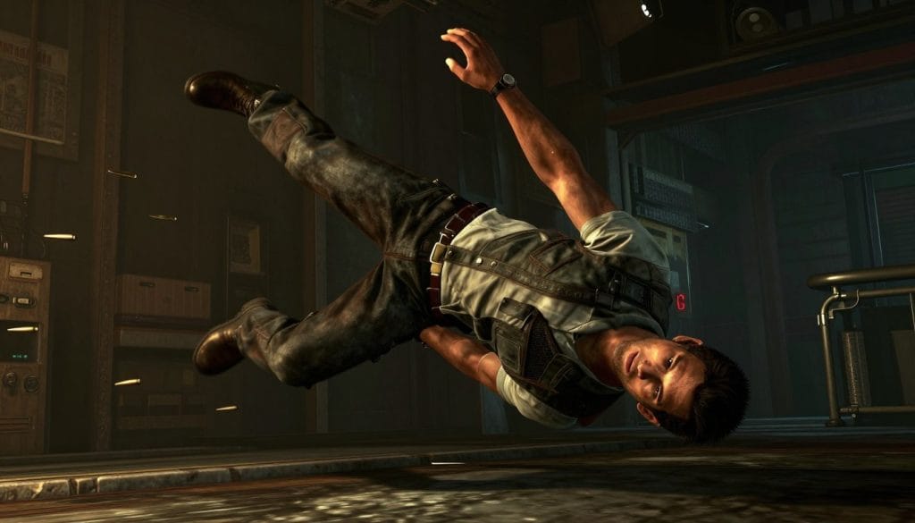 Max Payne 2 gameplay showing the iconic bullet-time mechanic in a third-person shooter game