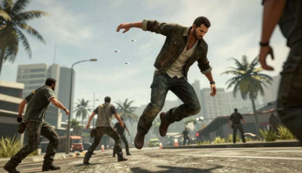 Max Payne 3 gameplay showing the refined bullet-time mechanics and cinematic presentation