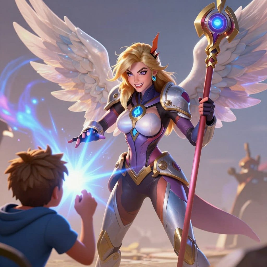 Mercy character from Overwatch game healing a teammate