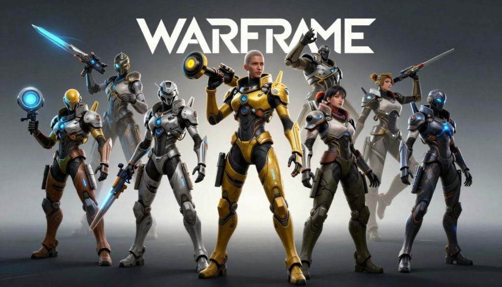 Multiple Warframes showcasing diverse playstyles and aesthetics for Warframe game review