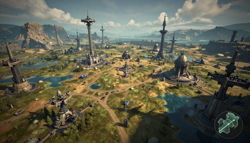 Open world area in Warframe showing the Plains of Eidolon landscape for Warframe game review