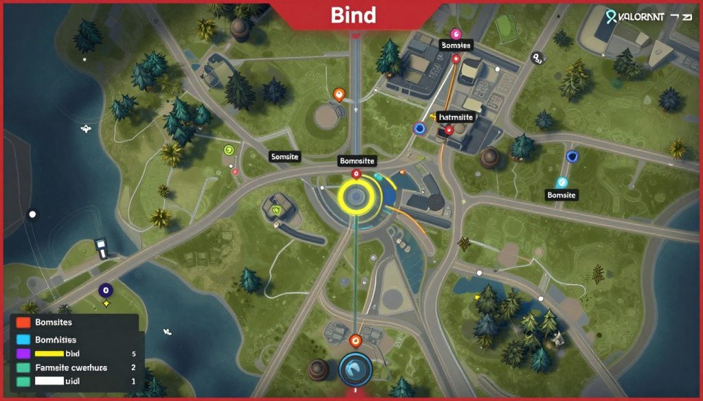 Overview of VALORANT map Bind showing the teleporter locations