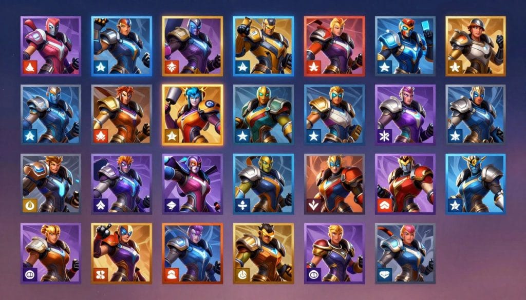 Overwatch game character selection screen showing diverse hero roster