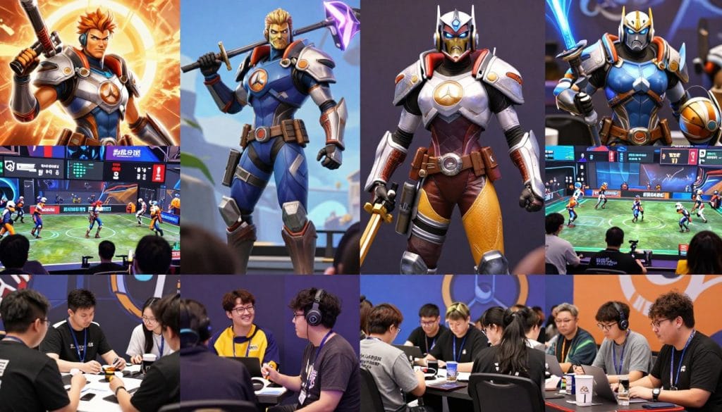 Overwatch game community content showing fan art, cosplay and esports