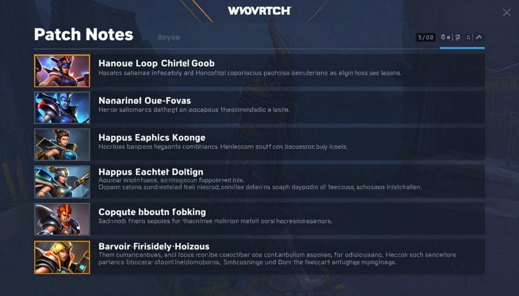 Overwatch game patch notes showing ongoing balance changes and updates