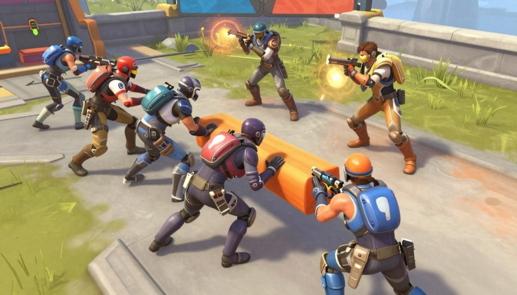 Overwatch game showing payload escort gameplay with team coordination