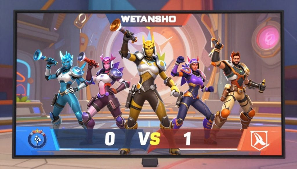 Overwatch game victory screen showing team celebration after match
