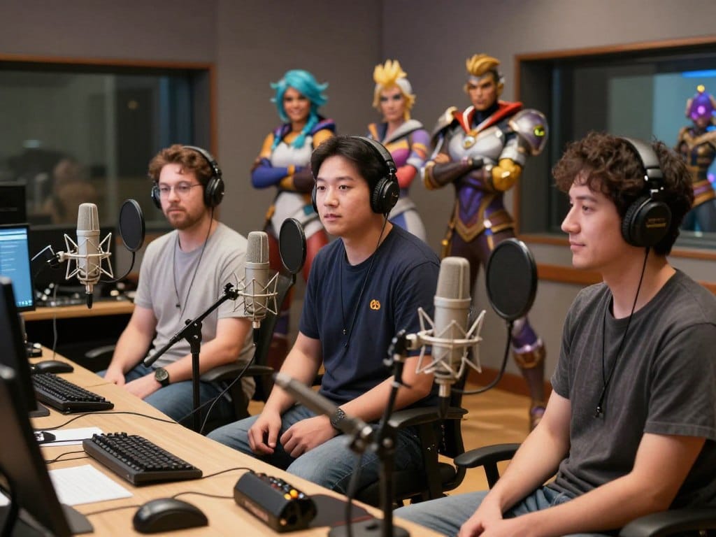 Overwatch game voice actors recording session showing behind-the-scenes work