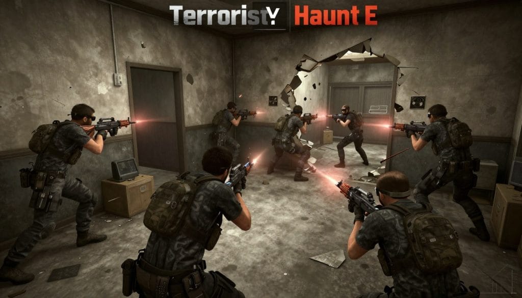 Rainbow Six Siege Terrorist Hunt mode showing a team of operators fighting against AI enemies